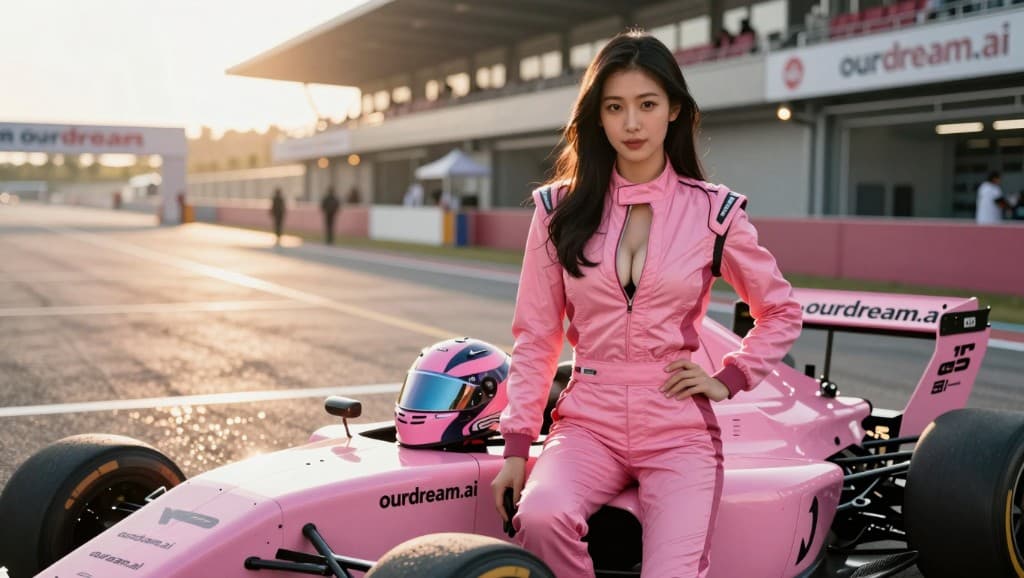 Pink ourdream.ai branded race car and driver at a racetrack at sunset